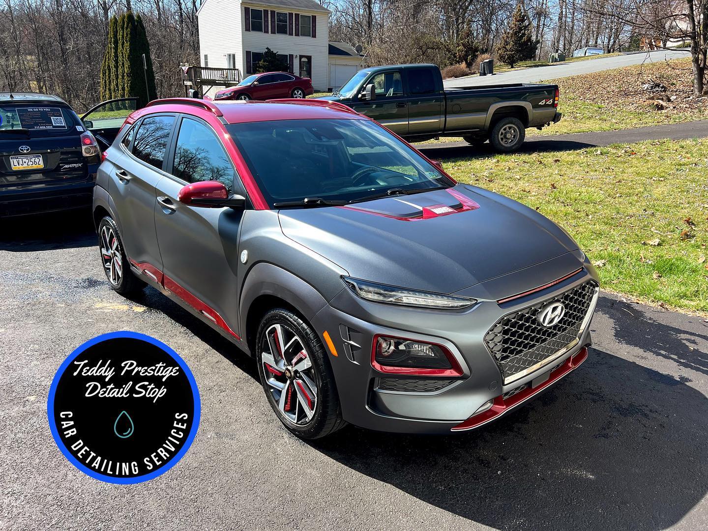 Gray Hyundai car at Teddy Prestige Detail Stop mobile detail service in York, PA; logo: “Teddy Prestige Detail Stop”, “CAR DETAILING SERVICES”