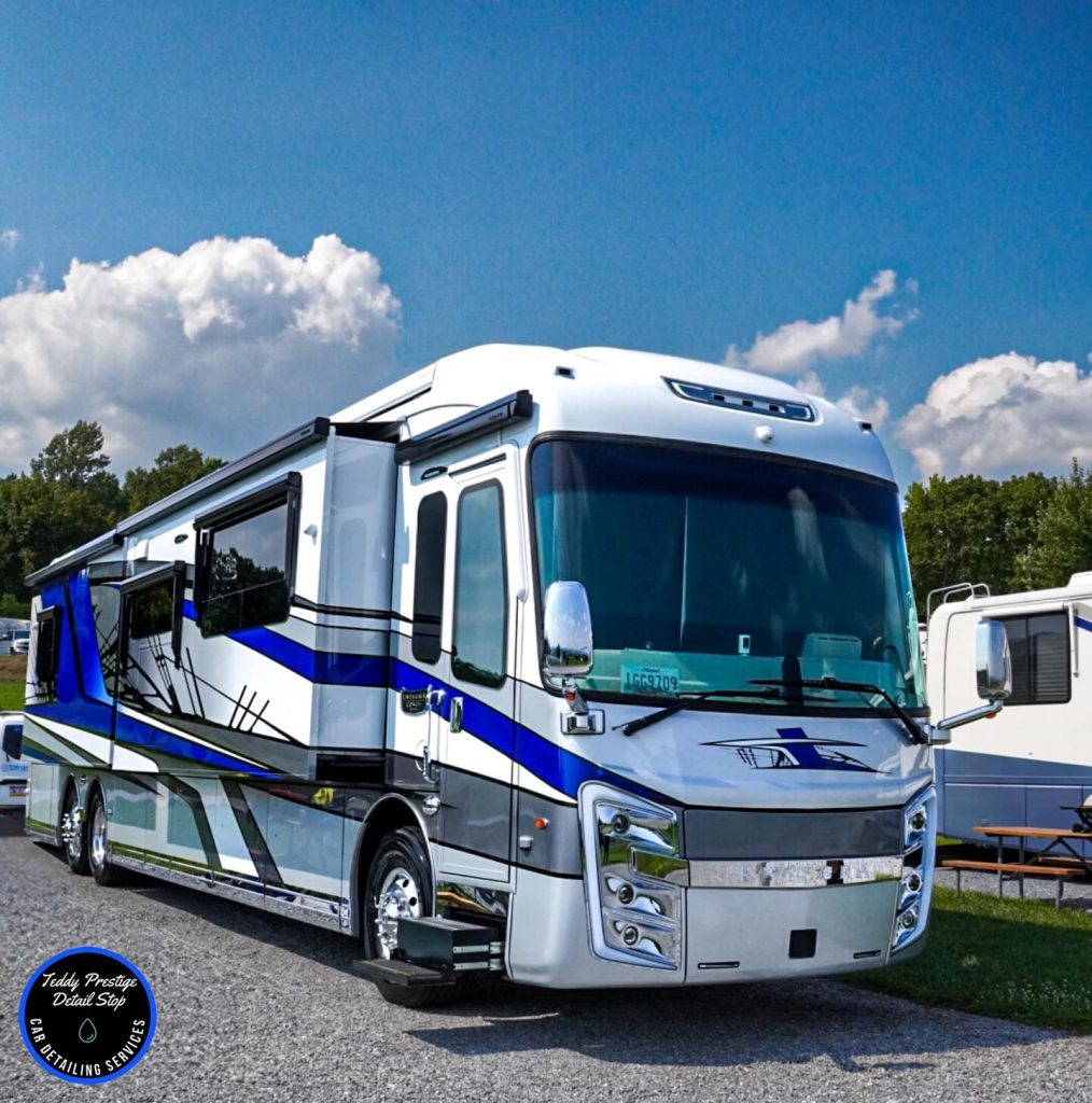 White and blue RV being professionally detailed in York, PA by Teddy’s Detail Stop—mobile RV detailing and ceramic coating prep