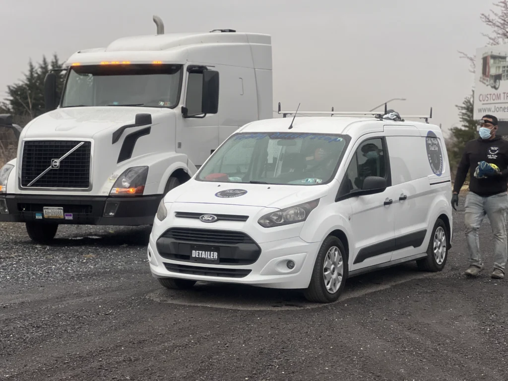 White Ford service van and semi truck ready for mobile truck detailing and paint correction in York, PA.