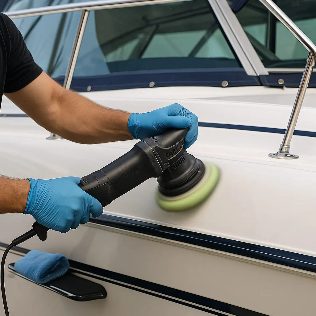 Technician polishing a boat hull in York, PA during mobile paint correction detailing, with protective foam and buffer.